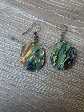 Dangle drop round abalone paua shell earrings in iridescent green